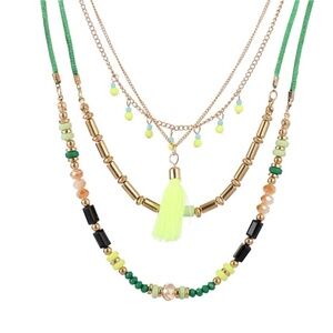 Goldtone Neon Green Tasseled Beaded Layered Necklace